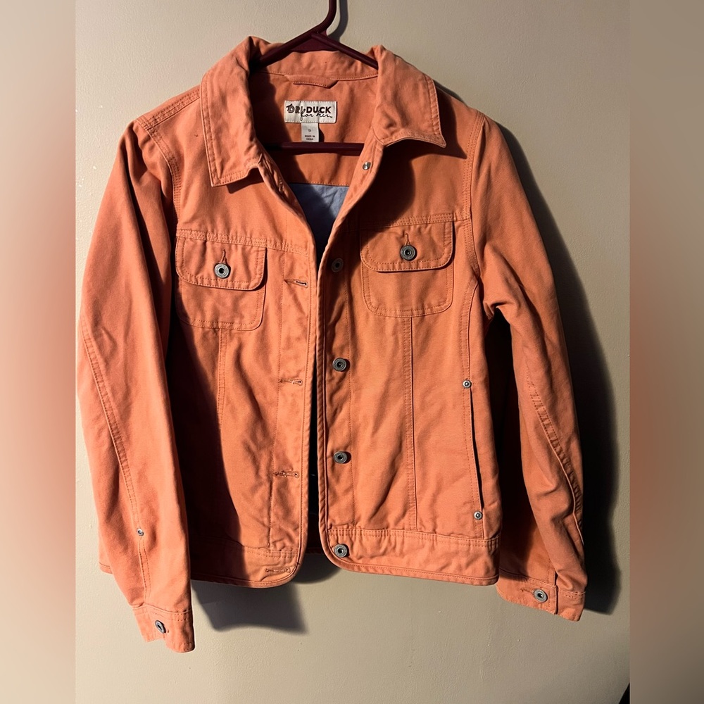 Dri-Duck for her light orange trucker canvas jacket with light blue lining sz S.